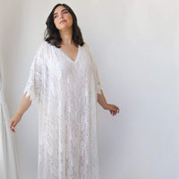 BLUSHFASHION - Original Curvy  Lace Blushed Ivory Bridal Kaftan ,Bat Sleeves Lace Wedding Dress #1312