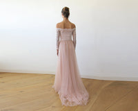 Original Pink Off-The-Shoulder Lace & Tulle Train Dress #1162