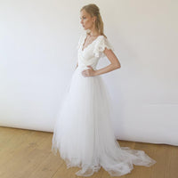 BLUSHFASHION - Original Fairy Ivory Wrap Wedding Dress, Butterfly Sleeves and Puffy Tulle #1293