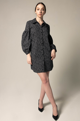 LE REUSSI - Original Italian Cotton Shirt Dress With Oversized Sleeves in Black Floral