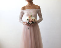 Original Pink Off-The-Shoulder Lace & Tulle Train Dress #1162