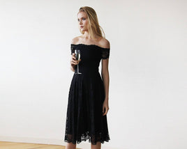 BLUSHFASHION - Original Off-The-Shoulder Short Sleeves Black Lace Midi Dress 1158