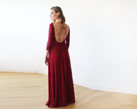 Original Floral Lace Backless Maxi Bordeaux Gown, Lace Wedding Dress, Maxi Lace Wedding Dress