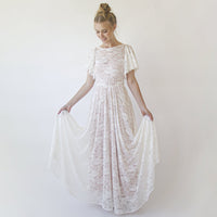 BLUSHFASHION - Original Lace Ivory Flutter Sleeve Dress , With a Separate Blush Underlining Dress  #1368