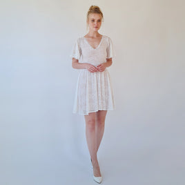 BLUSHFASHION - Original Butterfly Sleeves Bohemian Pearly Color Wedding Dress ,Short Mini Wedding Dress  #1374