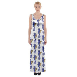 SHARON TATEM LLC - Original Seahorse Pattern Fitted With Side Slit Cotton Sleeveless Halter Dress