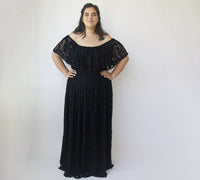 BLUSHFASHION - Original Black Ruffled Crinkle Off-Shoulder Maxi Dress #1338