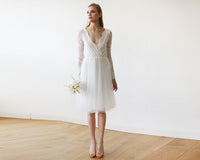 BLUSHFASHION - Original Short Wedding Dress ,Ivory Tulle & Lace Midi  Dress #1144