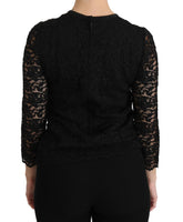 Camicetta in nylon a maniche lunghe in pizzo nero-IT44/L