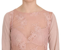 Top a maniche lunghe in pizzo rosa con camicetta-IT42/S