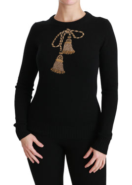 Maglione pullover con nappe dorate in lana nera-IT38/XS