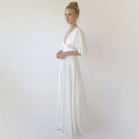 BLUSHFASHION - Original Bestseller Deep v Neckline Bat Sleeves Minimalist Wedding Dress #1350