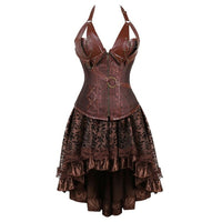 CAUDATUS - Original Steampunk Bustier Corset Dress Plus Size Black Brown Zipper Black Faux Leather Corset With Skirt Gothic Punk Burlesque Pirate