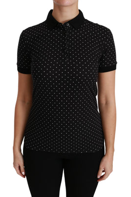 Polo nera con colletto a pois Top in cotone-IT38/XS