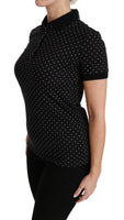 Polo nera con colletto a pois Top in cotone-IT38/XS