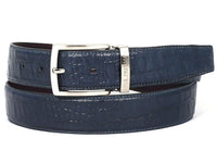 PAUL PARKMAN Men's Crocodile Embossed Calfskin Leather Belt Hand-Painted Navy (ID#B02-NVY)