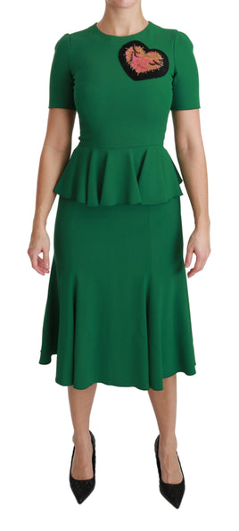 Abito midi in viscosa a sirena con patch cuore verde-IT38/S