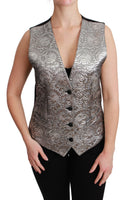 Top metallizzato senza maniche in broccato argento-IT38/XS