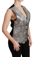 Top metallizzato senza maniche in broccato argento-IT38/XS