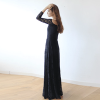 Original Off-The-Shoulder Black Floral Lace Long Sleeve Maxi Dress 1119