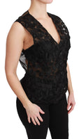 Gilet con Top in Broccato Floreale Nero-IT44/L