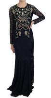 Abito lungo in pizzo floreale di cristallo blu Dress-IT38/XS