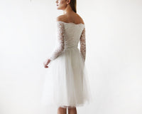 Original Short Wedding Dress ,Off-The-Shoulder  Lace and Tulle Midi Dress  #1156