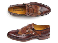 Paul Parkman Men's Wingtip Monkstrap Brogues Brown Hand-Painted Leather Upper With Double Leather Sole (ID#060-BRW)