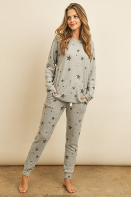 RIAH FASHION - Original Star Print Brushed Top and Joggers Set With Self Tie
