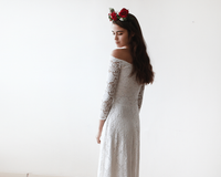 BLUSHFASHION - Original Ivory Off-The-Shoulder Floral Lace  Dress #1119
