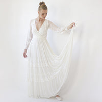 BLUSHFASHION - Original Bestseller Ivory Wrap Lace Wedding Dress With Chiffon Mesh Sleeves #1352