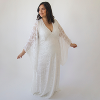 BLUSHFASHION - Original Curvy  Lace Ivory Bridal Kaftan With Fringe ,Bat Sleeves Lace Wedding Dress #1328