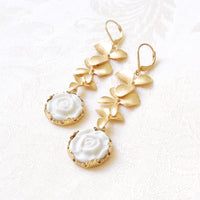 POPORCELAIN - Original Porcelain Moonlight Rose and Triple Leaves Drop Earrings