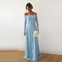 BLUSHFASHION - Original Light Blue Off-The-Shoulder Floral Lace Dress #1119
