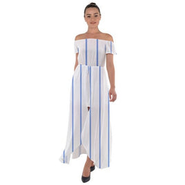 SHARON TATEM LLC - Original Blue Stripes Off Shoulder Open Front Chiffon Dress