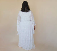 BLUSHFASHION - Original Curvy  Lace Ivory Bridal Kaftan With Fringe ,Bat Sleeves Lace Wedding Dress #1328