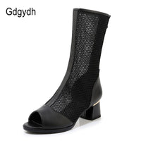 Original Gdgydh Hollow Out Summer Shoes Women 2022 Mesh Breachable Comfortable Mid Heel Feamle Boots For Summer Zipper Peep Toe Shoes New