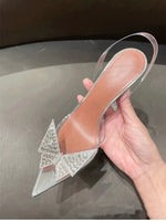 Original 2021 New Pointed Transparent Sandals Women&#39;s Bun Water Drill Bow Wine Glass Heels