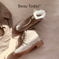 BEAU TODAY - Original Wool Snow Boots Women Genuine Leather Round Toe Lace-Up Platform Winter Ladies Ankle Length Shoes Handmade 03281