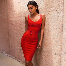 ORIGINAL DEIVE TEGER New Style Women 2022 Sleeveless Summer Sexy Deep V Neck Spaghetti Strap Bodycon Midi Bandage Dress Party Chic Dress