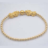 Original 999 24K Yellow Gold Bracelet Real Gold Chain Lucky Pixiu and silver 3mm Beads For Women Girl Best Gift