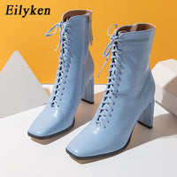 Original Eilyken Size 35-42 Women Square Head Ankle Boots Fashion Cross Strap Square High Heels Winter Shoes Zipper Office Lady Boots