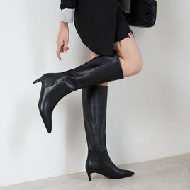 Original Taoffen Size 33-43 Women Genuine Leather Knee High Boots Pointed Toe Thin Heel Slip On Party Club Winter Ladies Footwear