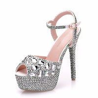 Original Crystal Queen Diamond Women Super High Heels Wedding Pumps 14cm Peep Shoes  Platform 4CM  Wristband Colorful Stiletto