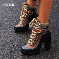Original Perixir Spring Autumn Fashion Platform Ankle Boots Women 12cm Thick Heel Platform Boots Ladies Worker Boots Black Brown Shoes