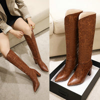 Original 2021 Women knee high Boots Print High Heels Ladies Shoes Woman Party Dancing Pumps Basic microfiber Leather Boots size 42 43