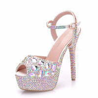 Original Crystal Queen Diamond Women Super High Heels Wedding Pumps 14cm Peep Shoes  Platform 4CM  Wristband Colorful Stiletto