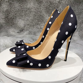 Original Bowknot design black pumps white dot 12cm thin high heels spring summer pointed toe slip on plus 45 lady 10cm 8cm BM024 ROVICIYA