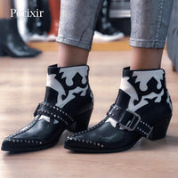 Original Perixir 2020 Autumn New Retro Leather Ankle Boots Woman Pointed Toe Microfiber Mixed Color Low Heel Boots Women Cowboy Boots