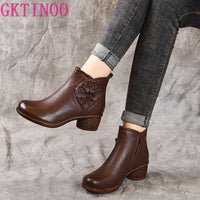 Original GKTINOO Spring Autumn Women Boots Genuine Leather Thick Heels Ankle Boots For Women Shoes Retro Flower Zipper Short Boots